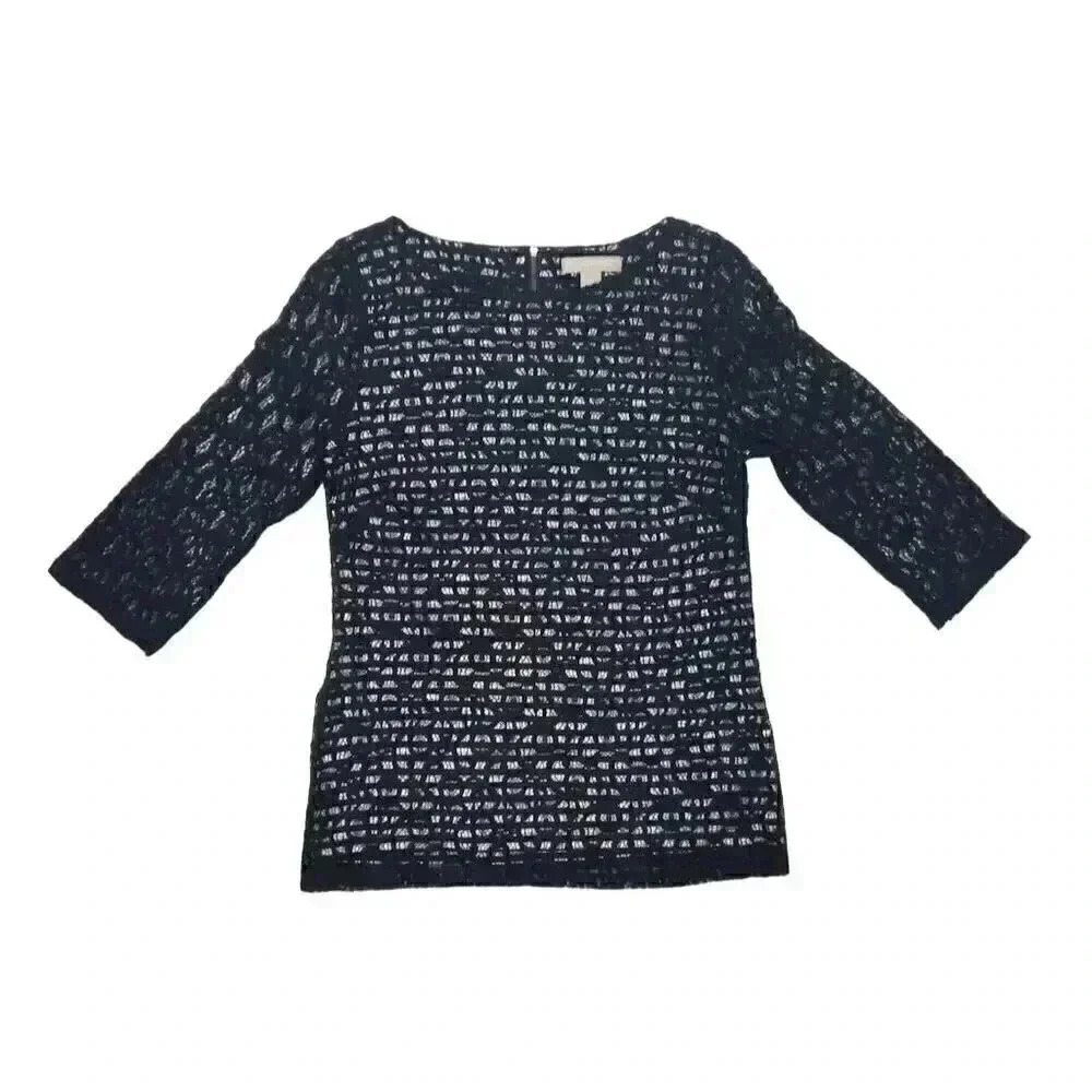 Banana Republic Womens Black Lace Stripe Blouse Size 6 3/4 Sleeve Back Zip
